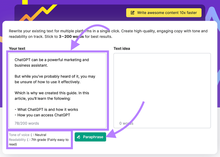 An example of a paragraph about ChatGPT entered into Semrush’s Paraphrasing Tool