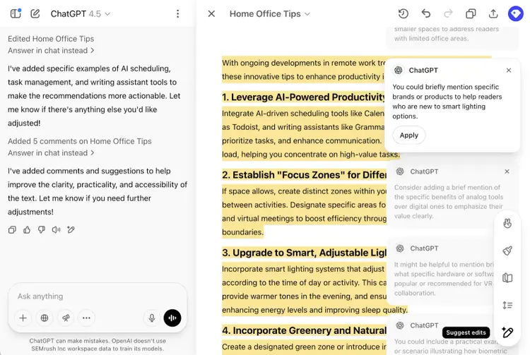 Highlighted text in the content editor shows suggestions to provide more detail for the reader.