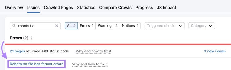 a list of issues showing on Site Audit for the “robots.txt” search with "Robots.txt file has format errors" clicked