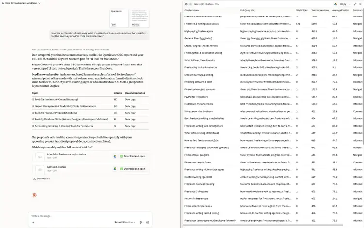 Claude SEO agent test using a GSC queries export to create keyword topics and existing search query clusters