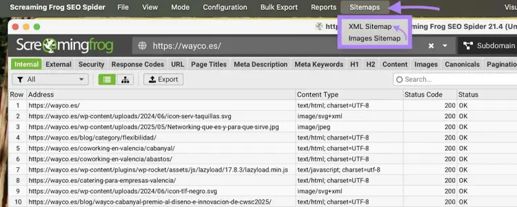 "XML Sitemap" under "Sitemaps" clicked on the Screaming Frog SEO Spider tool.
