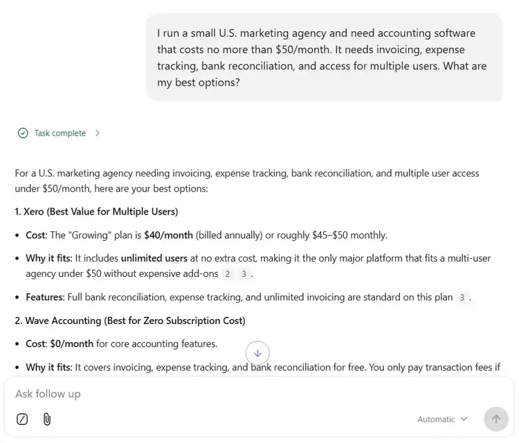 Brave Leo response recommending Xero and Wave for a small U.S. marketing agency seeking accounting software