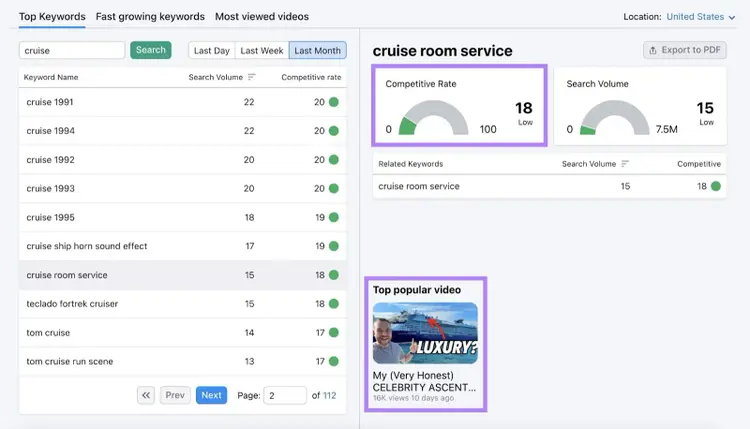 Results for "cruise" with top popular video section highlighted