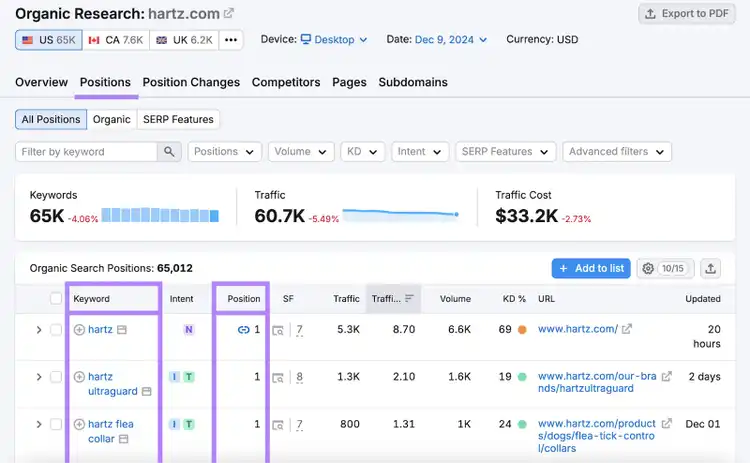 Positions report shows keywords and metrics like intent, position, and more.