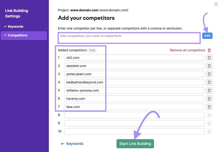 "Add your competitors" window in Link Building Tool settings
