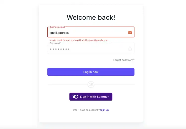 An interactive sign-in form on Semrush