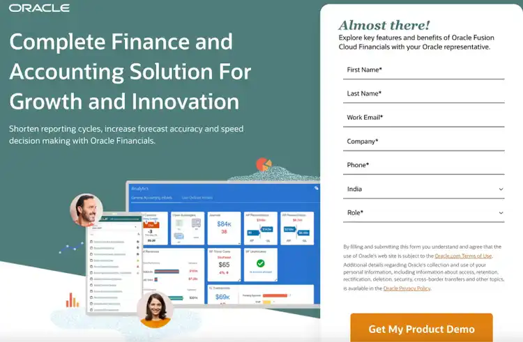 Oracle landing page with headline on finance solutions and form to request product demo