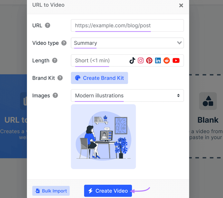 "URL to Video" pop-up window in AI Video Marketing Automator, with "Create Video" button highlighted in purple at the bottom.