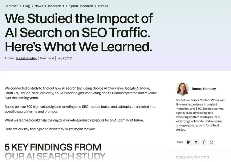 Semrush research article about AI search impact on SEO traffic with author details and study introduction