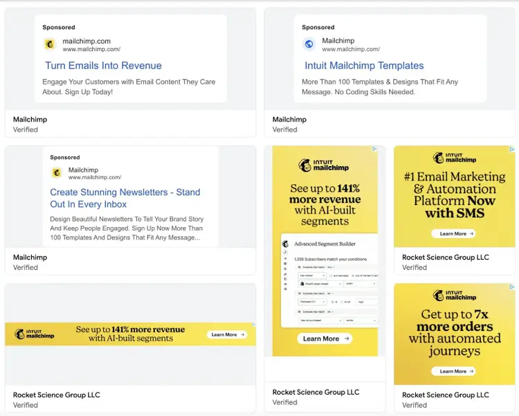 Google Ads Transparency Center displaying active Mailchimp search and display ads across Google's network