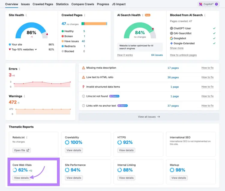 Site Audit Overview report with “Core Web Vitals” highlighted.
