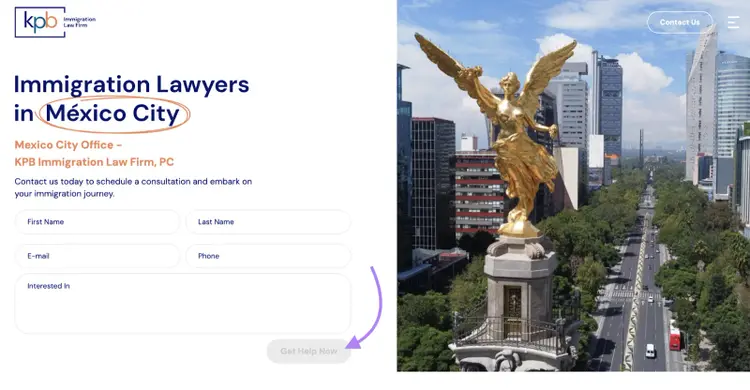 The location page's lead form includes direct copy in the call to action button.
