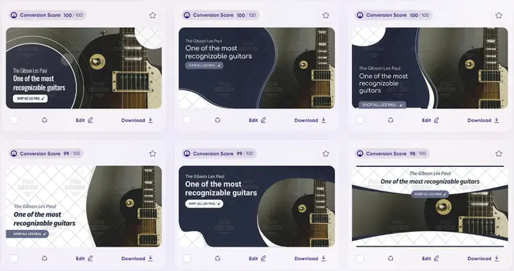 AdCreative.ai displaying multiple generated ad variations featuring guitar product images