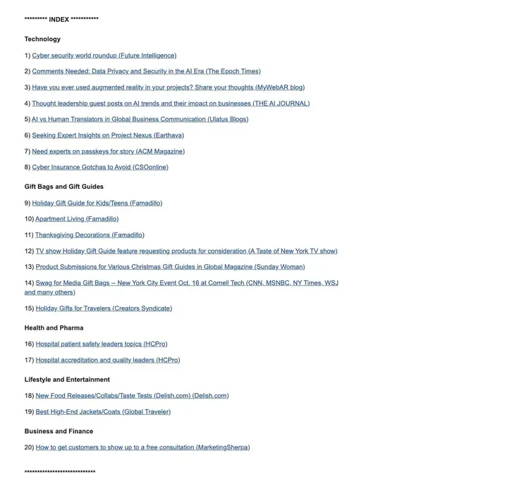 An email alert with a list of HARO queries grouped into categories.