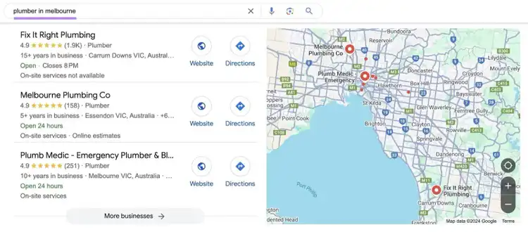 Google SERP with the term "plumber in melbourne" entered showing a list of local businesses with their information and the reviews they've received.