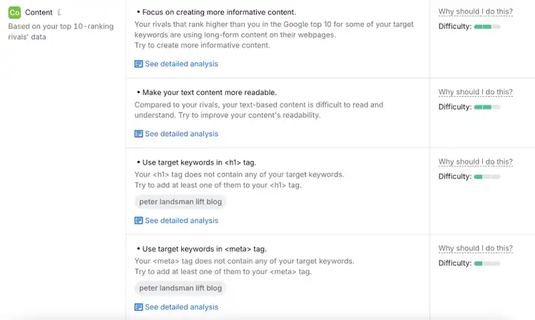 content suggestions include focusing on creating more informative content, making text more readable, and using target keywords better