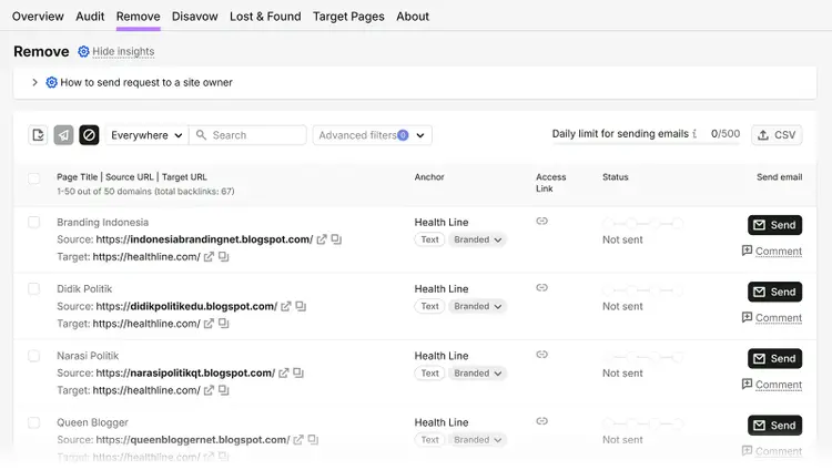 Backlink Audit Remove tab showing backlinks ready for outreach and removal requests