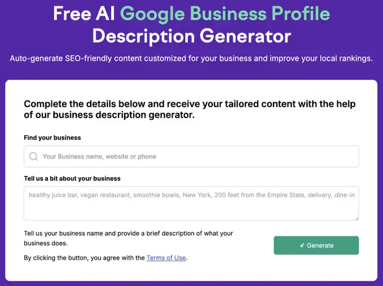 Semrush AI Google Business Profile Description Generator form