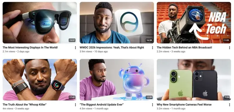 The YouTube channel of Marques Brownlee using a consistent thumbnail format across videos.