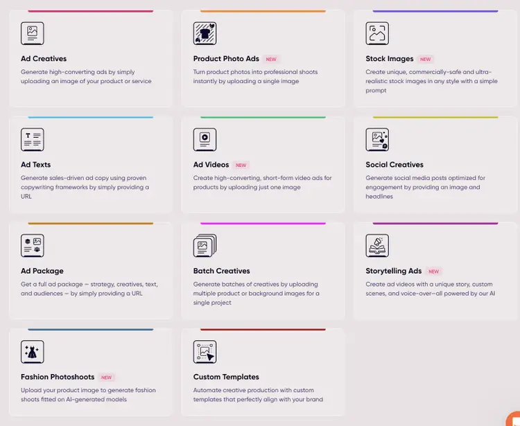 AdCreative.ai interface showing 12 asset types available for generation including ads, videos, and photos.
