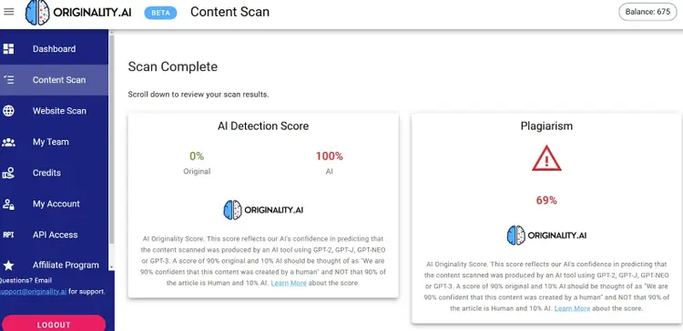 Originality.ai's AI detection and plagiarism checker