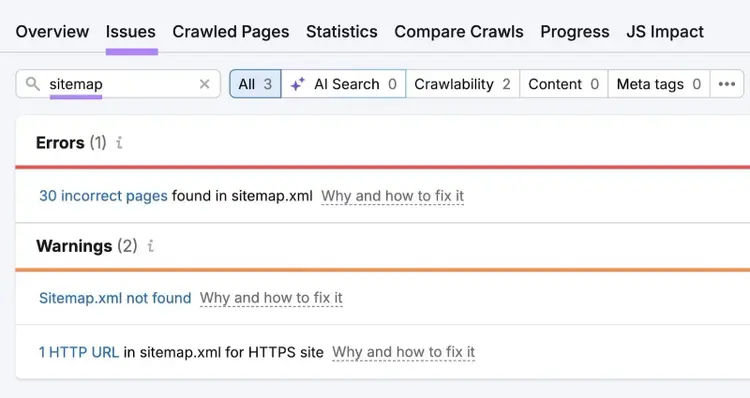 Site Audit Issues with "sitemap" entered showing a list of sitemap-related errors and warnings.