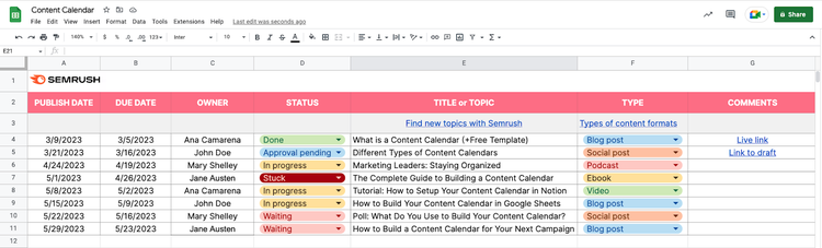 Semrush's content calendar template