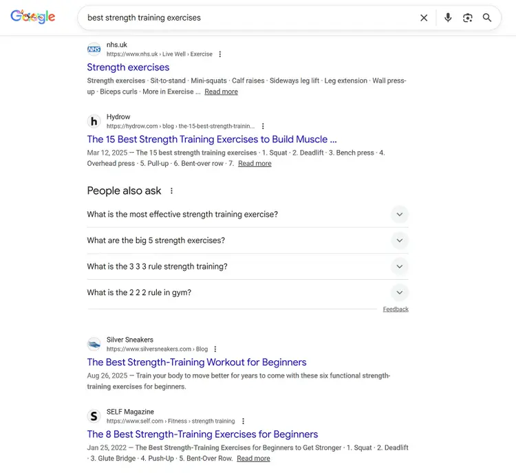 Google search results showing list-style articles ranking the best strength training exercises.