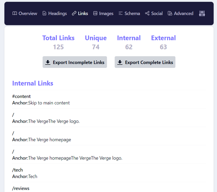 Detailed SEO extension listing page links for link structure audit