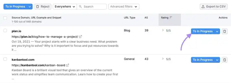 "To In Progress" clicked next to a domain prospect on the Link Building Tool.