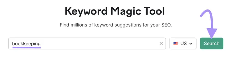 "bookkeeping" entered into the Keyword Magic Tool search bar