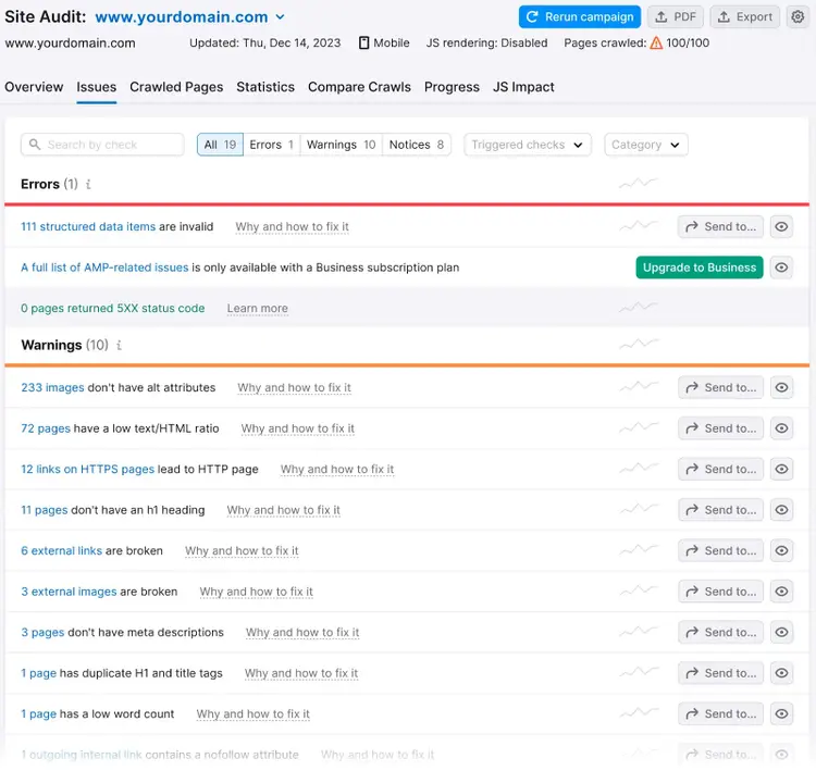“Issues” report in Site Audit tool