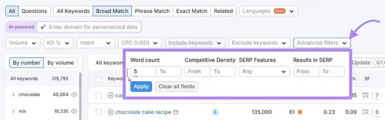 Advanced filters in Keyword Magic Tool showing word count set to 5 and arrow to Apply button.