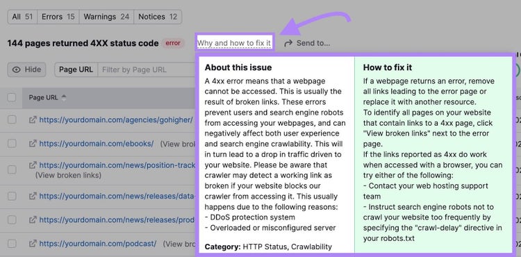 Screenshot: Site Audit error explanation showing what 4XX errors are and how to fix them