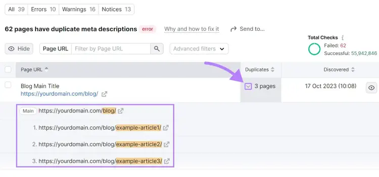 Site Audit on Semrush showing a list of pages with duplicate meta descriptions.