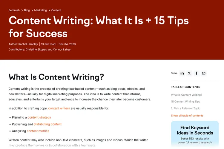 Semrush article titled 'What is Content Writing?' with sections on planning, publishing, and analyzing, illustrating comprehensive article structure