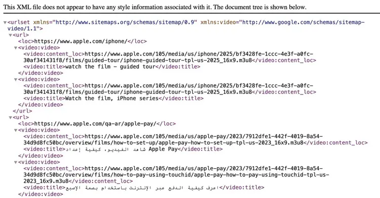 Apple's video sitemap showing information about the videos on their pages.