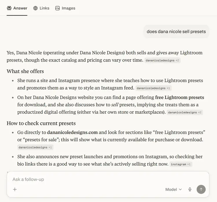 AI-generated answer showing outdated product info about Dana Nicole presets with cited sources