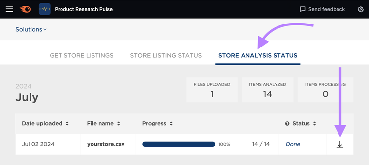 Product Research Pulse Store Analysis Status tab showing upload progress and file details