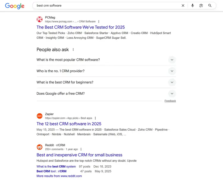 Google search results for “best CRM software” showing featured articles, People also ask box, and ranked listings.
