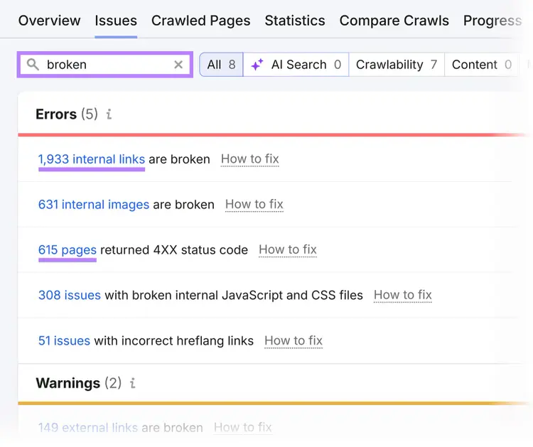 Semrush Site Audit issues filtered for broken links, images, pages, and files