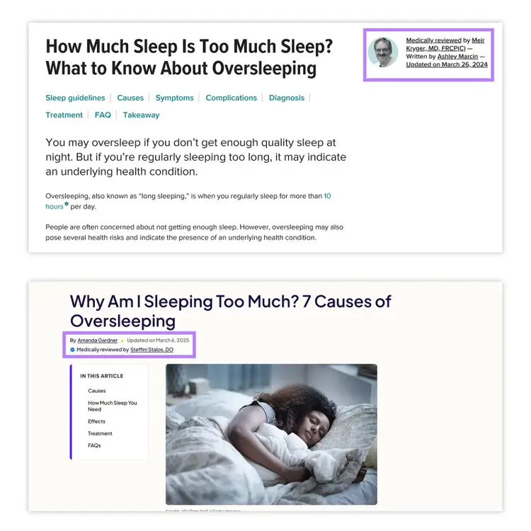Two health articles showing author and medical reviewer info with highlighted update dates.
