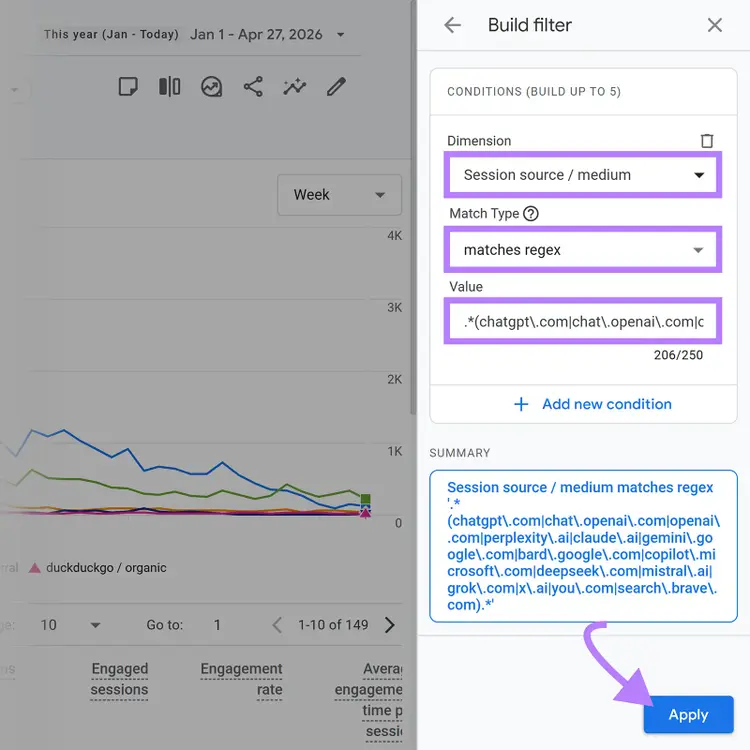 GA4 regex filter builder for tracking referral traffic from ChatGPT, Perplexity, Gemini, and other AI platforms