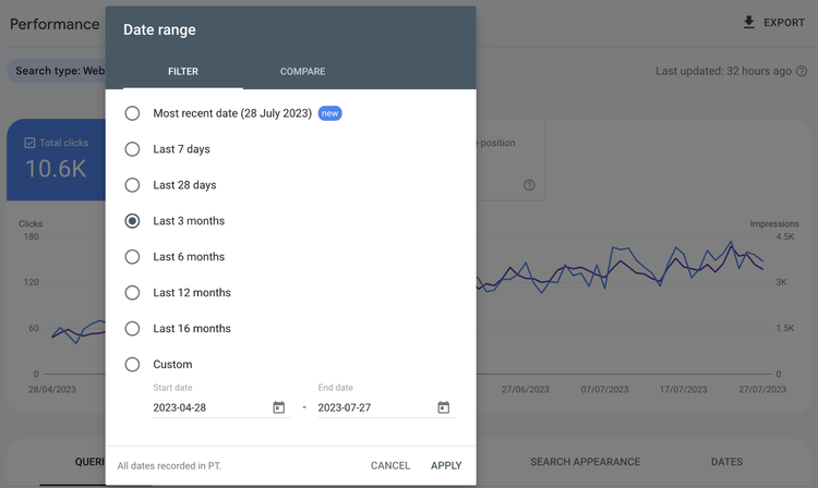 "Date range" window lets you select a time range