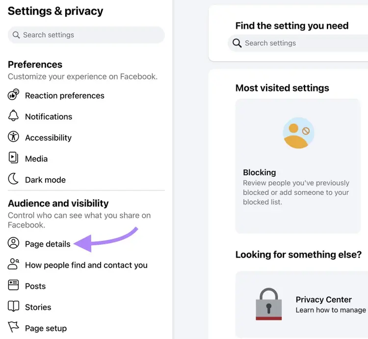 The "Settings & Privacy" window on Facebook with "Page details" on the left clicked.