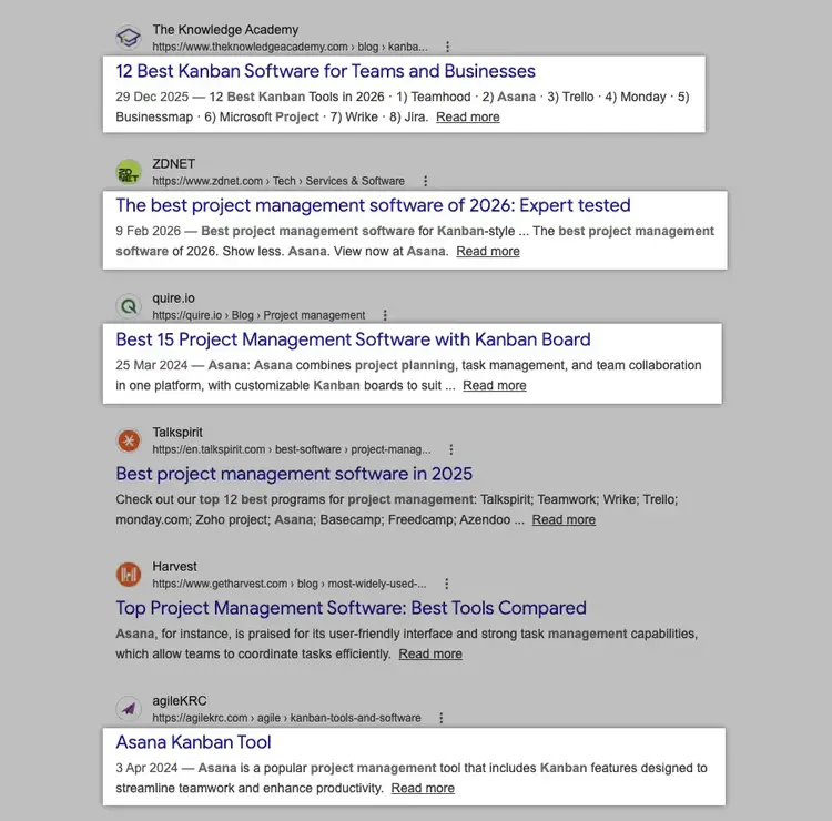 Google search results showing multiple project management software list articles from different websites