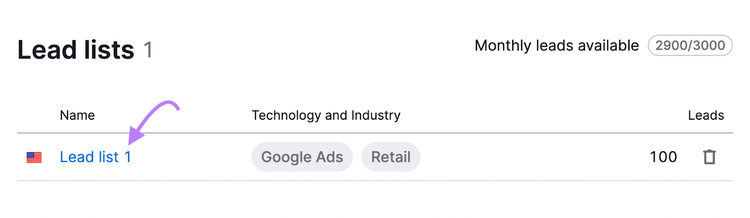 Lead lists page in Lead Finder tool