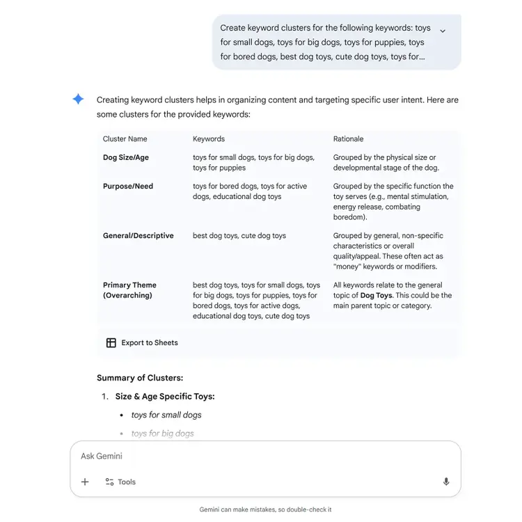 Gemini grouping dog toy keywords into clusters by size, purpose, and theme, with rationale and summary list.