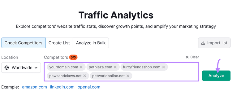 Traffic Analytics interface with competitor domain entries and an "Analyze" button with a purple arrow pointing to it.