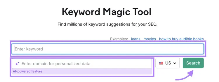 Keyword Magic Tool form with seed keyword input and search parameters